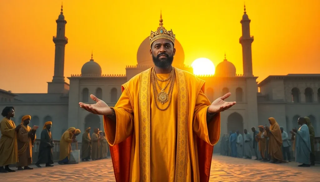 A regal African king (Mansa Musa) in golden traditional robes, standing humbly in front of a grand mosque in ancient Timbuktu. His hands are open in a gesture of generosity, surrounded by scholars, books, and common people receiving gold coins and food. A soft golden aura around him symbolizes wisdom and divine guidance. Behind him, the desert sun sets, casting a glow of spiritual richness. The atmosphere feels peaceful, wise, and timeless — a blend of royalty, faith, and humanity.